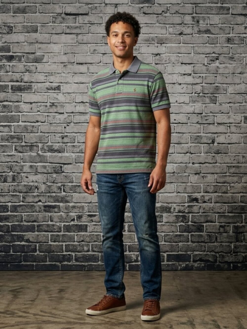 Polo Ralph Lauren Polo T-Shirt Men's Size Large Green Navy Striped Ribbed Collar - Picture 1 of 4